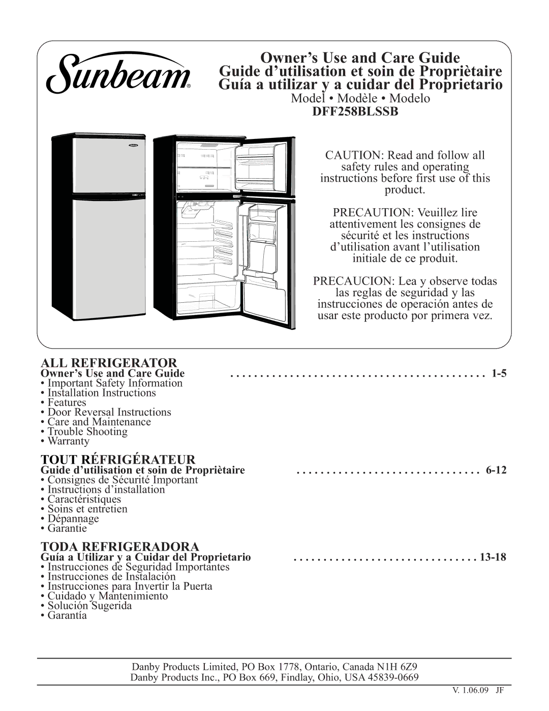 Sunbeam DFF258BLSSB installation instructions 