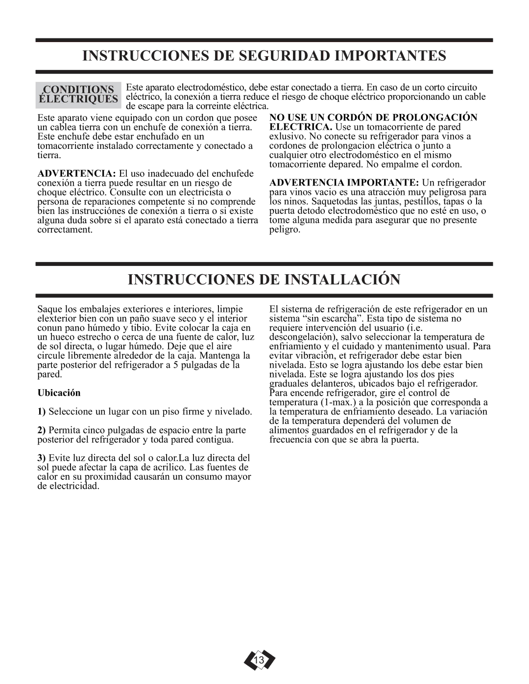 Sunbeam DFF258BLSSB Instrucciones DE Seguridad Importantes, Instrucciones DE Installación, Conditions, Électriques 