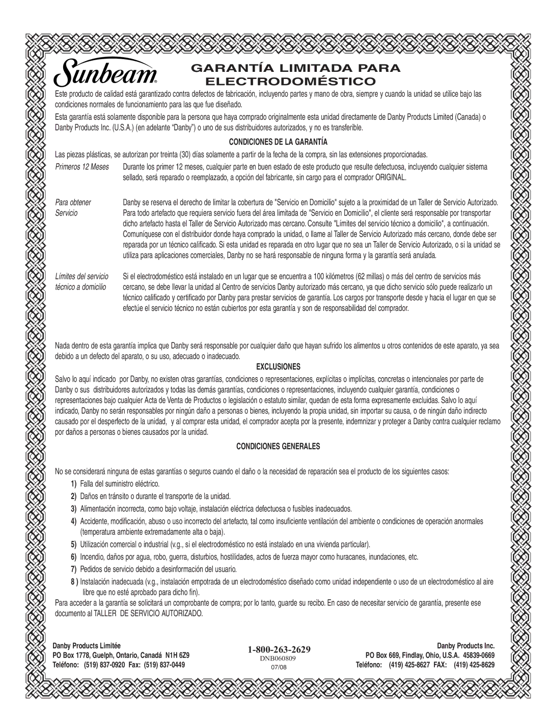 Sunbeam DFF258BLSSB installation instructions Garantía Limitada Para Electrodoméstico 