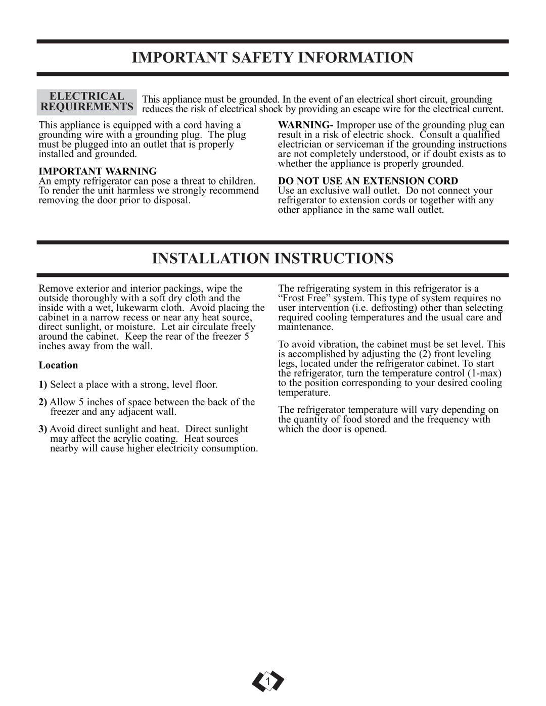 Sunbeam DFF258BLSSB Important Safety Information, Installation Instructions, Electrical, Requirements 