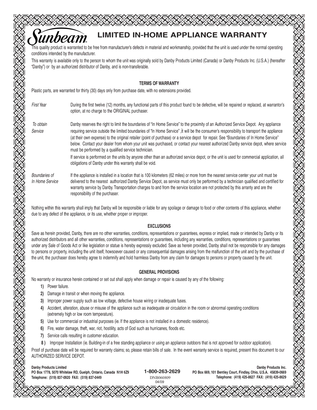 Sunbeam DFF258BLSSB installation instructions Limited IN-HOME Appliance Warranty 