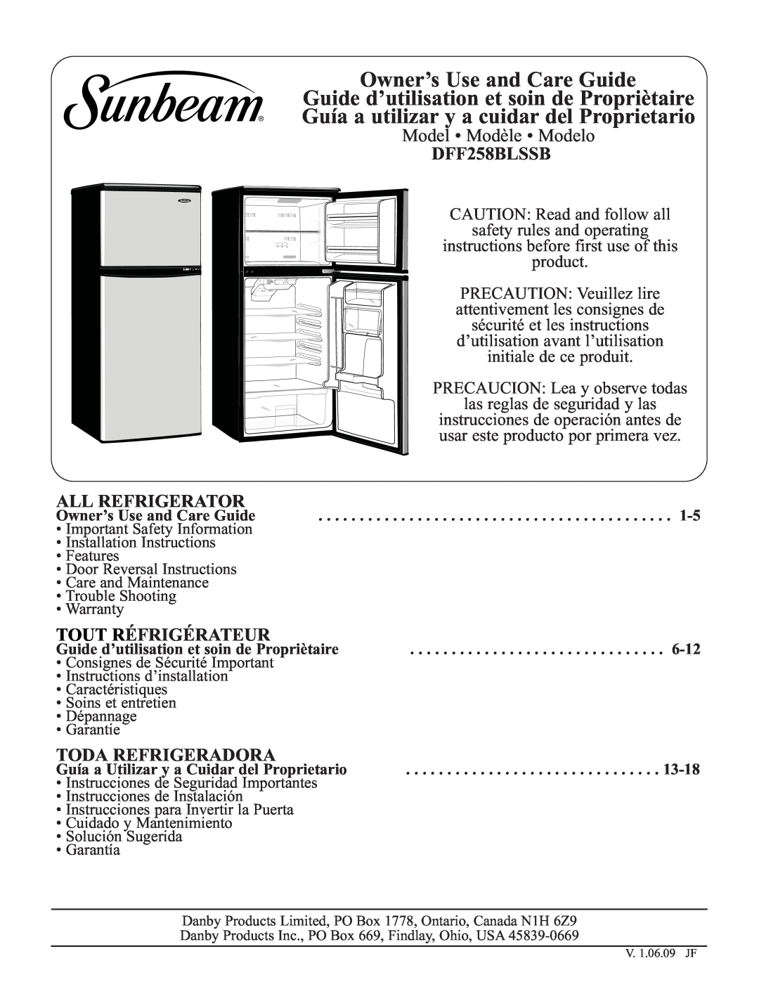 Sunbeam DFF258BLSSB installation instructions Owner’s Use and Care Guide, Guide d’utilisation et soin de Propriètaire 