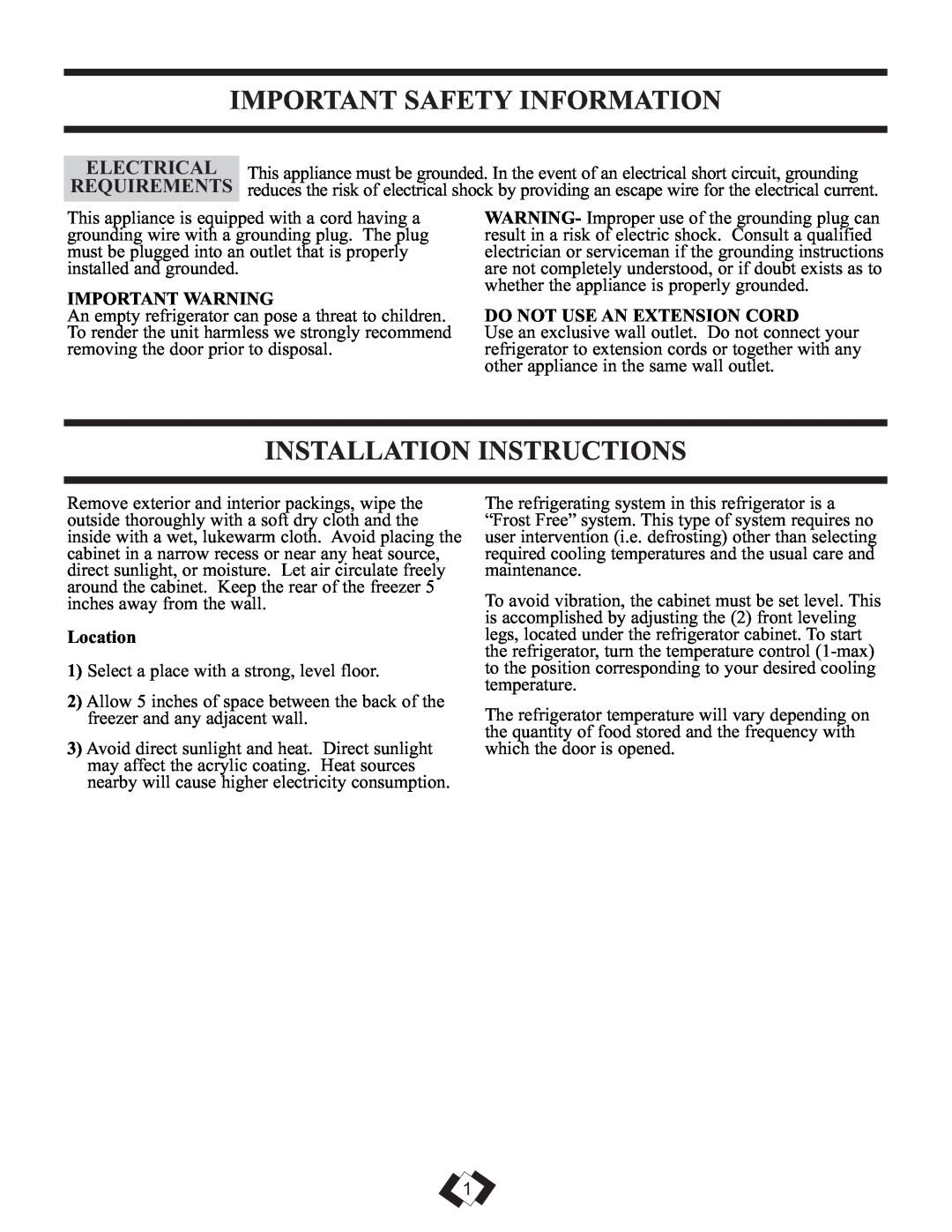Sunbeam DFF258BLSSB Important Safety Information, Installation Instructions, Electrical, Requirements 