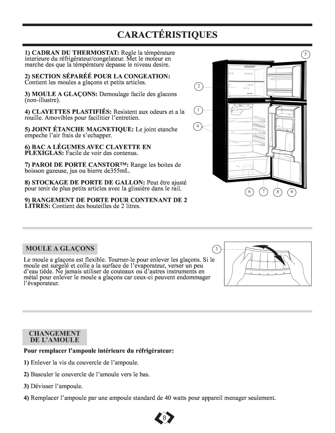 Sunbeam DFF258BLSSB installation instructions Caractéristiques, Moule A Glaçons, Changement De L’Amoule 