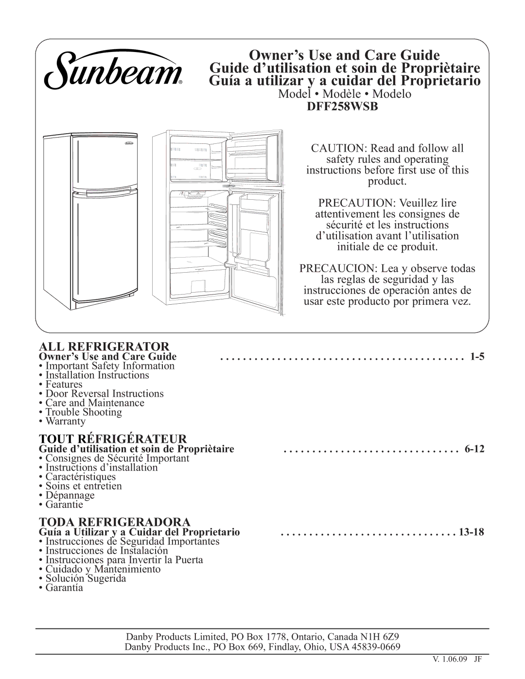 Sunbeam DFF258WSB installation instructions 