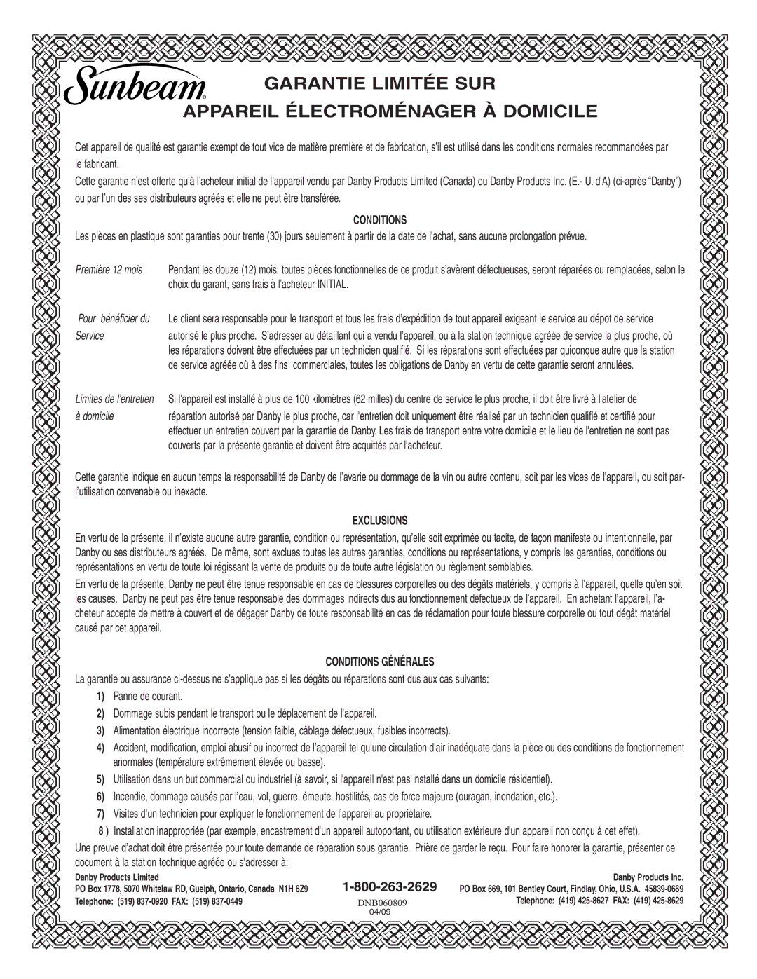 Sunbeam DFF258WSB installation instructions Garantie Limitée SUR Appareil Électroménager À Domicile 