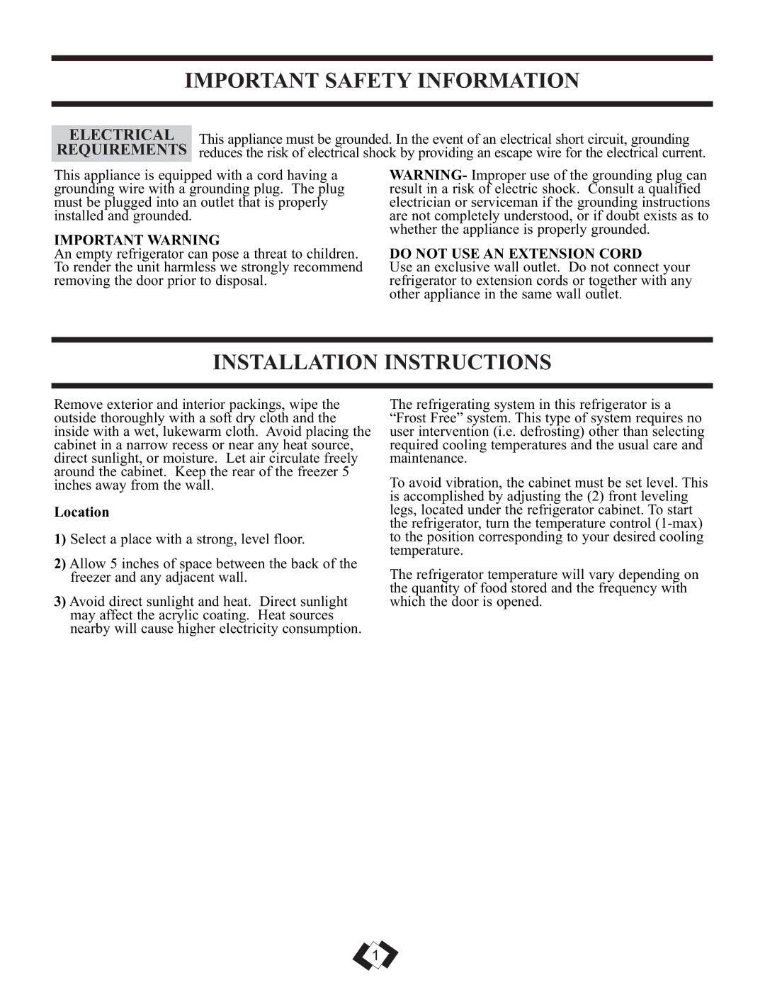 Sunbeam DFF258WSB Important Safety Information, Installation Instructions, Electrical, Requirements 