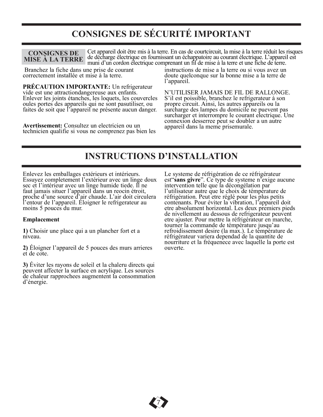 Sunbeam DFF258WSB installation instructions Consignes DE Sécurité Important, Instructions D’INSTALLATION, Mise À LA Terre 