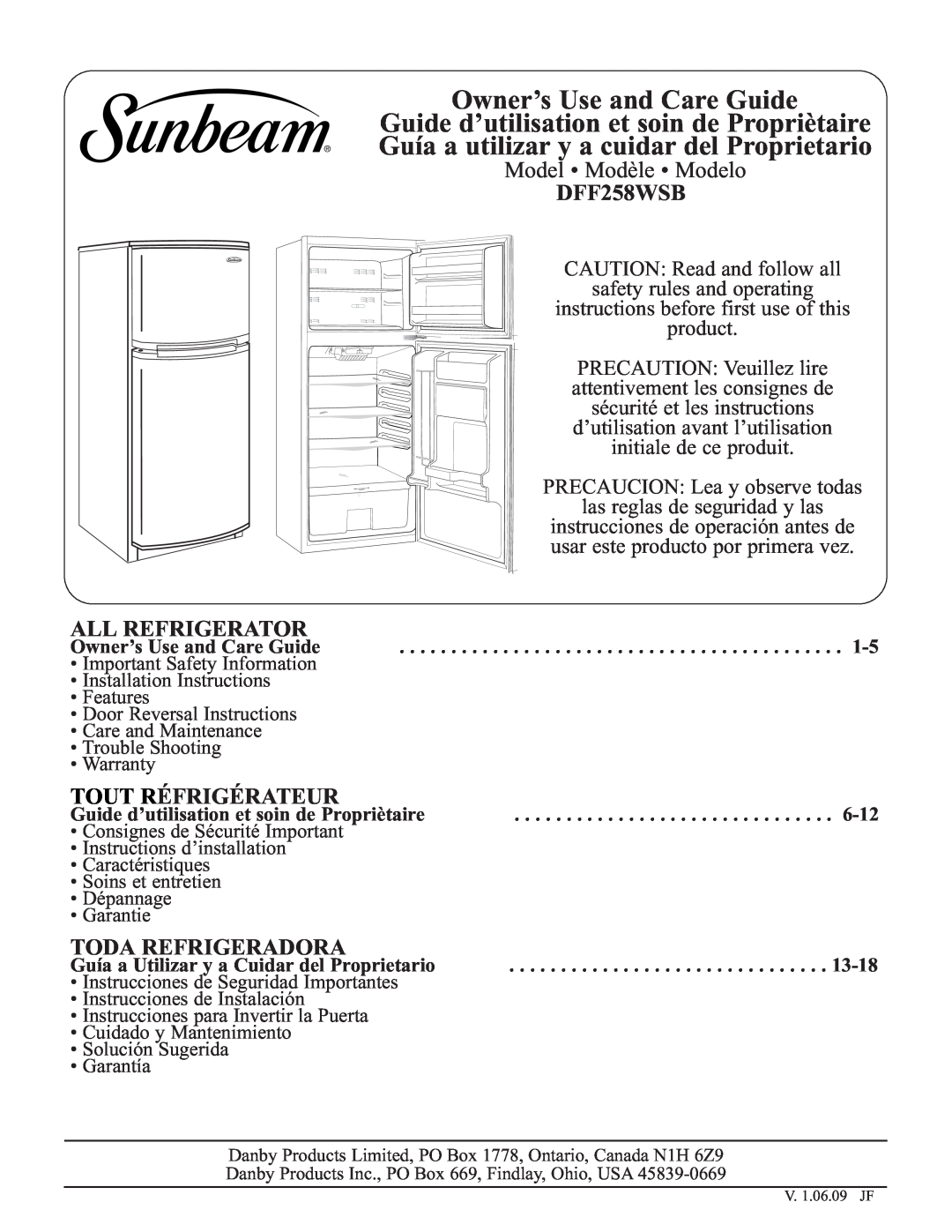 Sunbeam DFF258WSB installation instructions Owner’s Use and Care Guide, Guide d’utilisation et soin de Propriètaire 