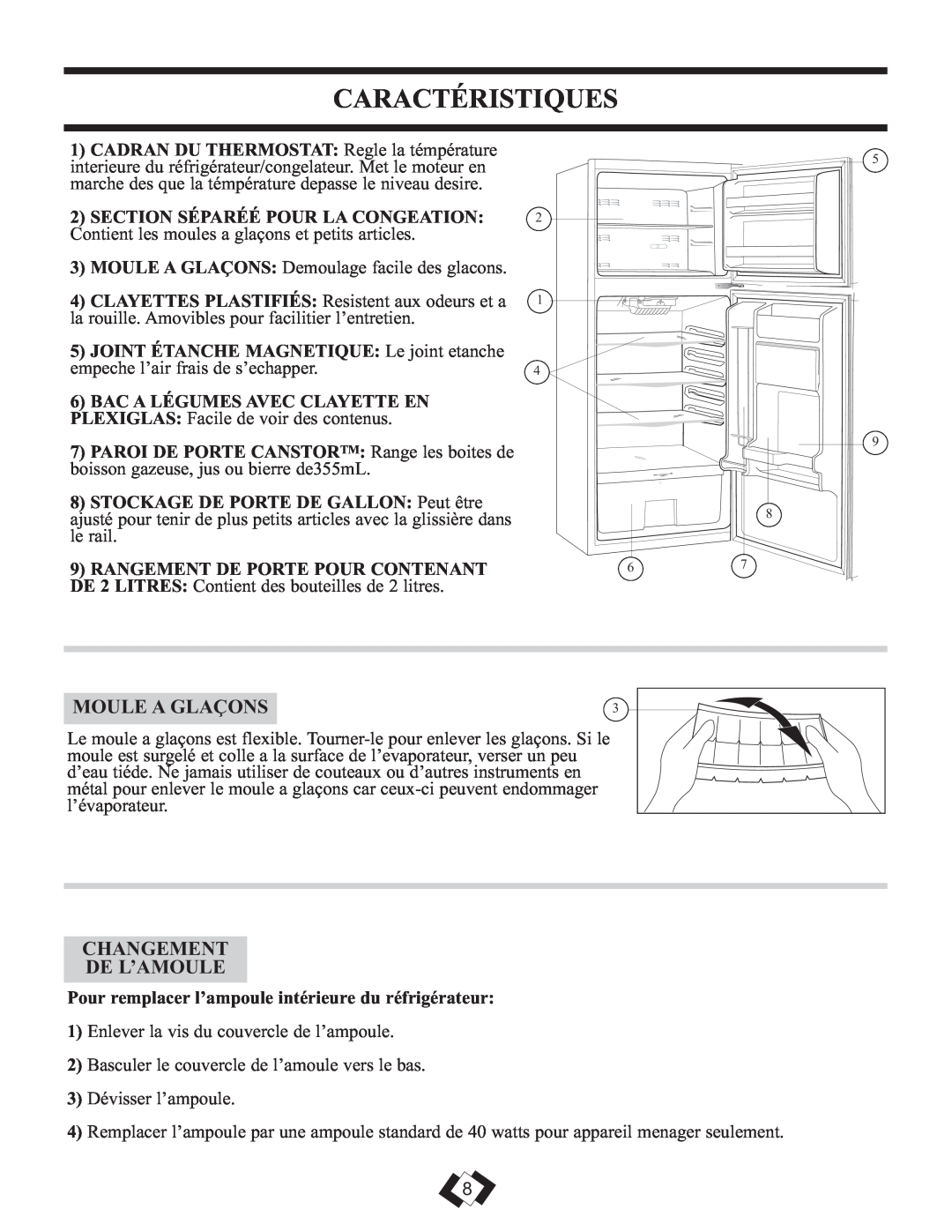Sunbeam DFF258WSB installation instructions Caractéristiques, Moule A Glaçons, Changement De L’Amoule 