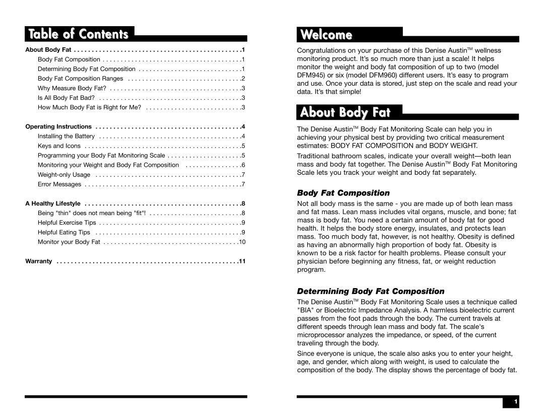 Sunbeam DFM945, DFM960 warranty Table of Contents, Welcome, About Body Fat 