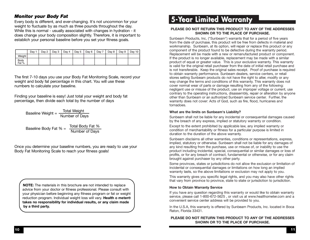 Sunbeam DFM960, DFM945 warranty Year Limited Warrantynty, Monitor your Body Fat 