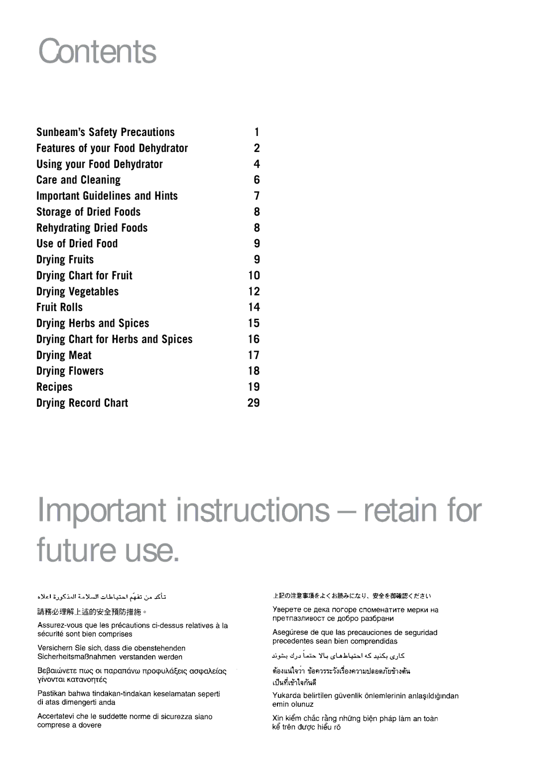 Sunbeam DT5600 manual Contents, Important instructions retain for future use 