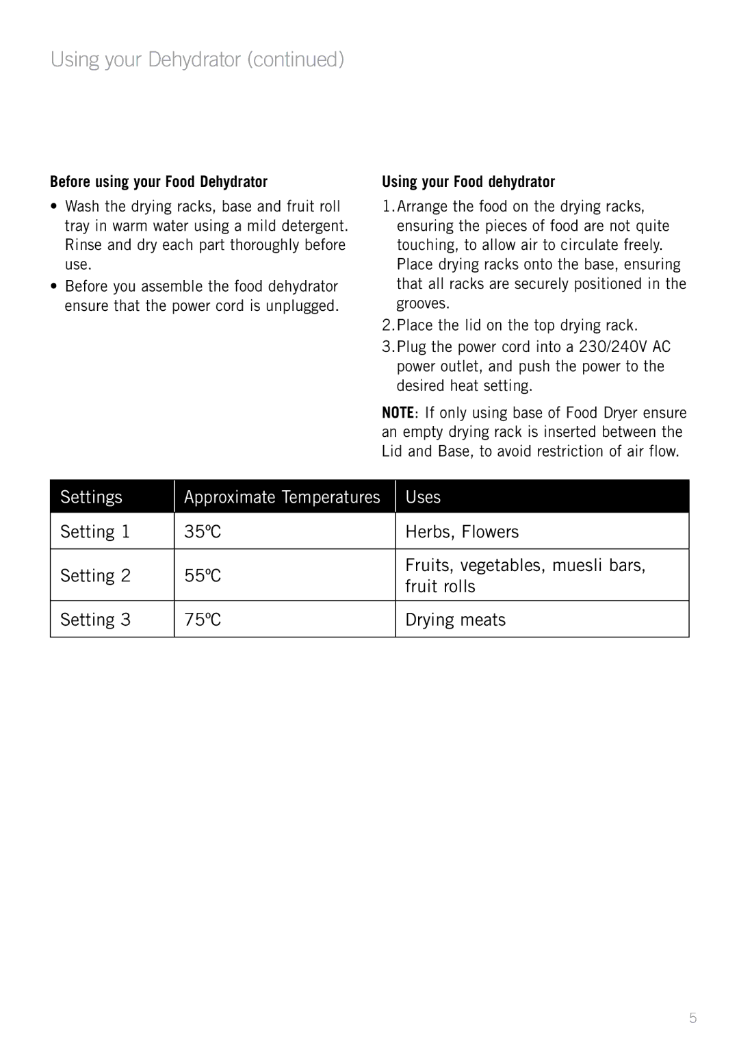 Sunbeam DT5600 manual Using your Dehydrator, Before using your Food Dehydrator 