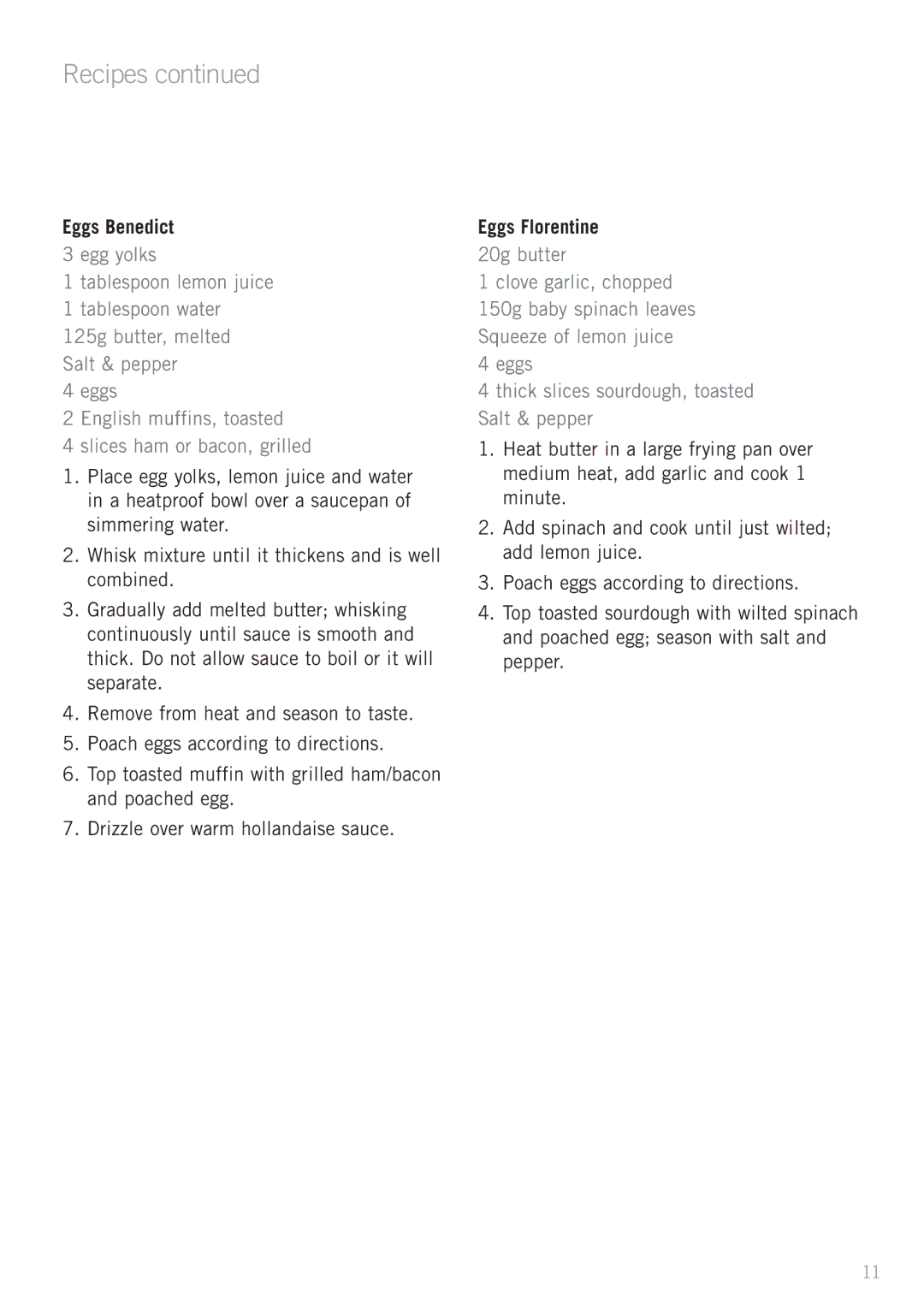 Sunbeam EC1300 manual Eggs Benedict, Eggs Florentine 