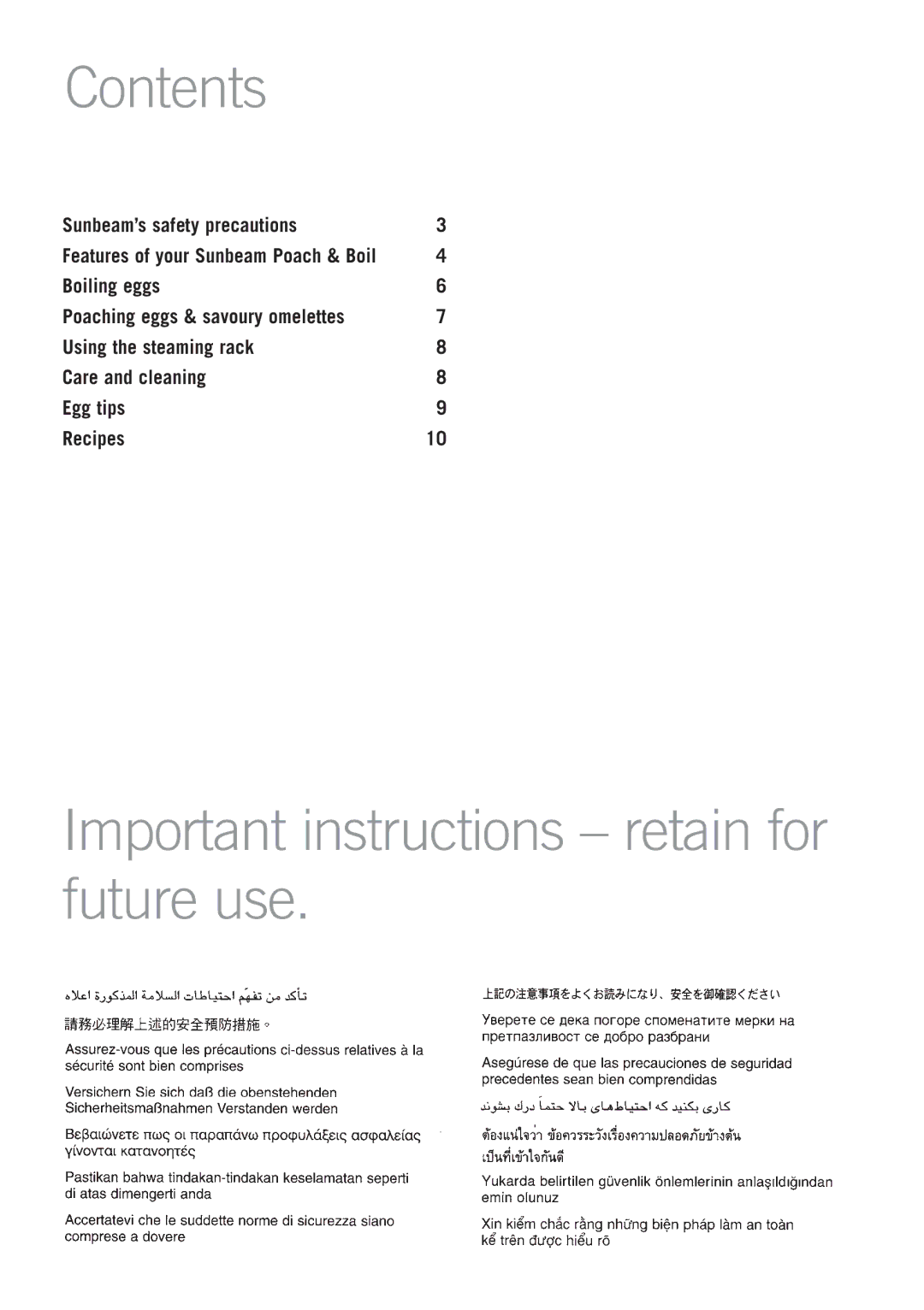 Sunbeam EC1300 manual Contents, Important instructions retain for future use 