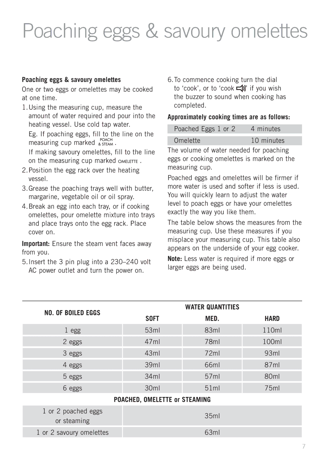 Sunbeam EC1300 manual Approximately cooking times are as follows, POACHED, Omelette or Steaming 