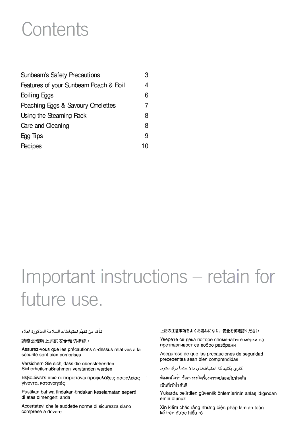 Sunbeam EC1300 manual Contents, Important instructions retain for future use 