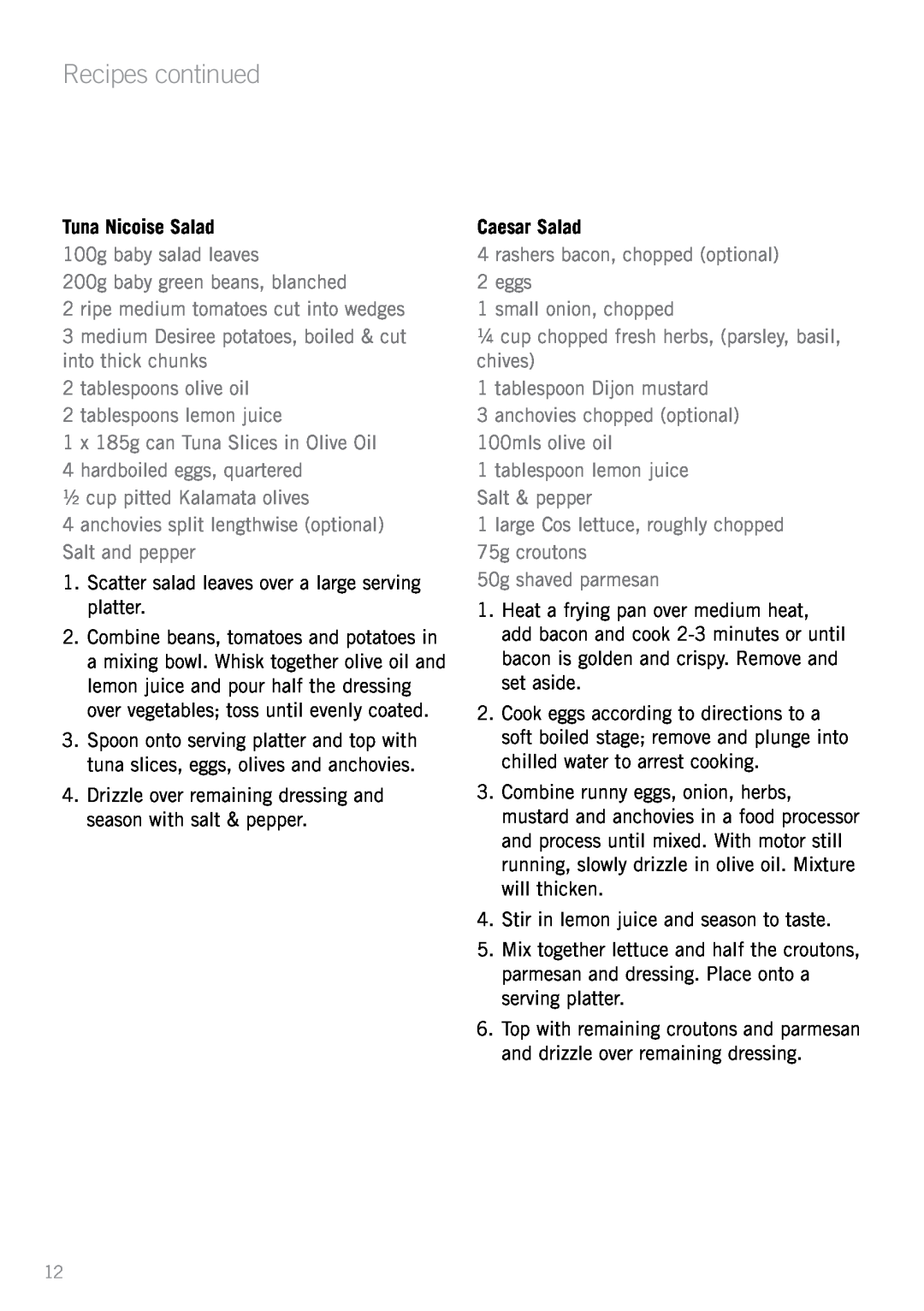 Sunbeam EC1300 manual Recipes continued, Tuna Nicoise Salad, Caesar Salad 