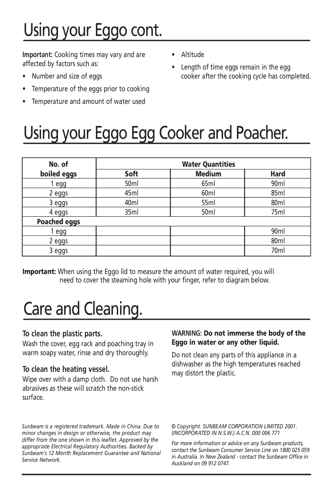 Sunbeam EC1600 manual Care and Cleaning, To clean the plastic parts, To clean the heating vessel 