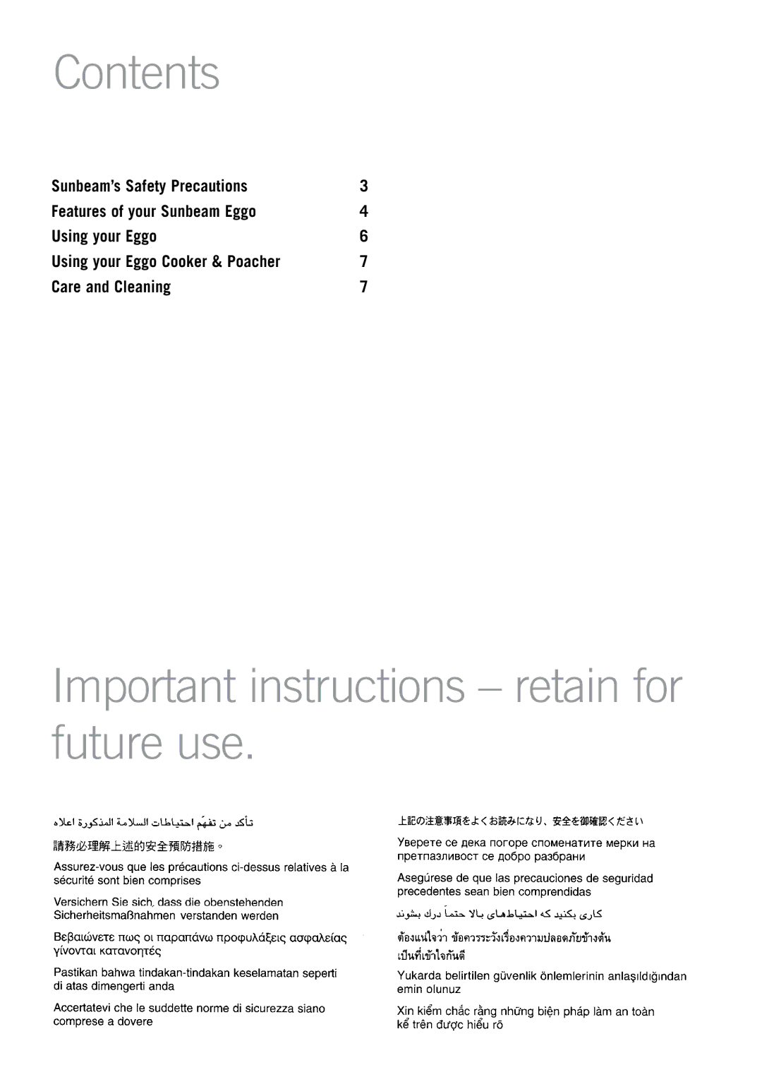 Sunbeam EC2600 manual Contents, Important instructions retain for future use 