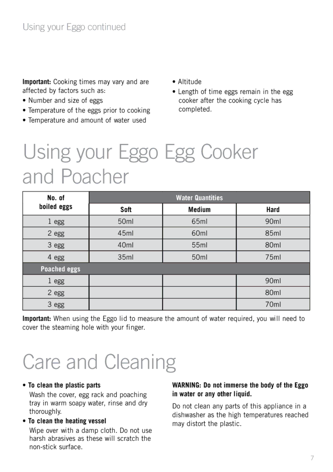 Sunbeam EC2600 manual Using your Eggo Egg Cooker and Poacher, Care and Cleaning, No, To clean the plastic parts 