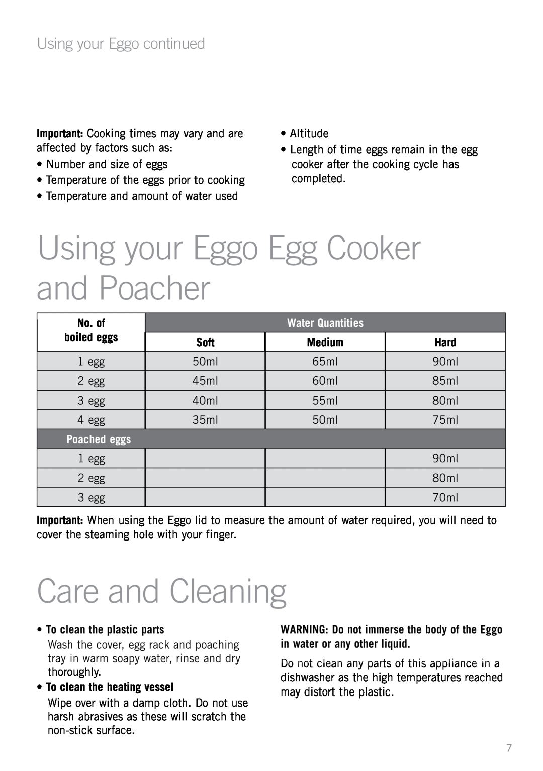 Sunbeam EC2600 manual Using your Eggo Egg Cooker and Poacher, Care and Cleaning, No. of, •To clean the plastic parts 