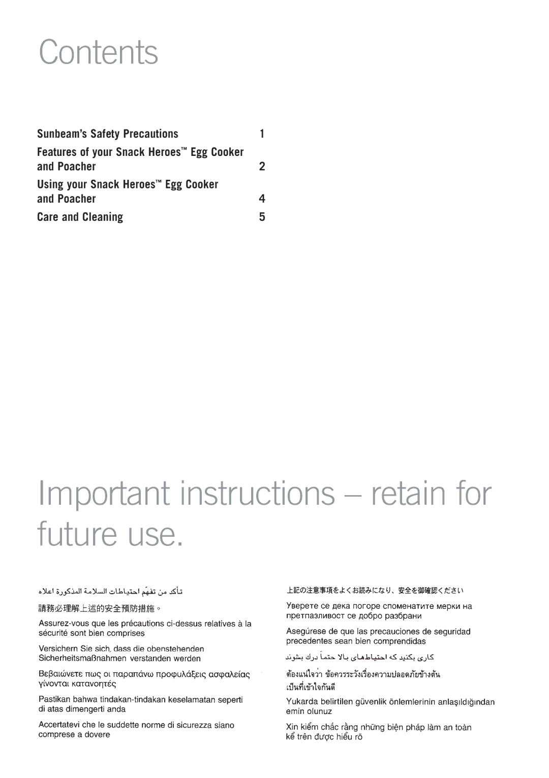 Sunbeam EC4000 manual Contents, Important instructions retain for future use 