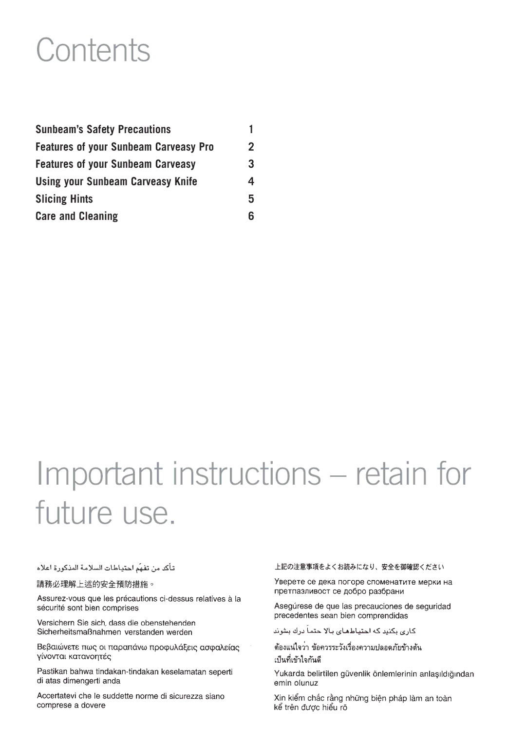 Sunbeam EK3800, EK5600 manual Contents, Important instructions retain for future use 