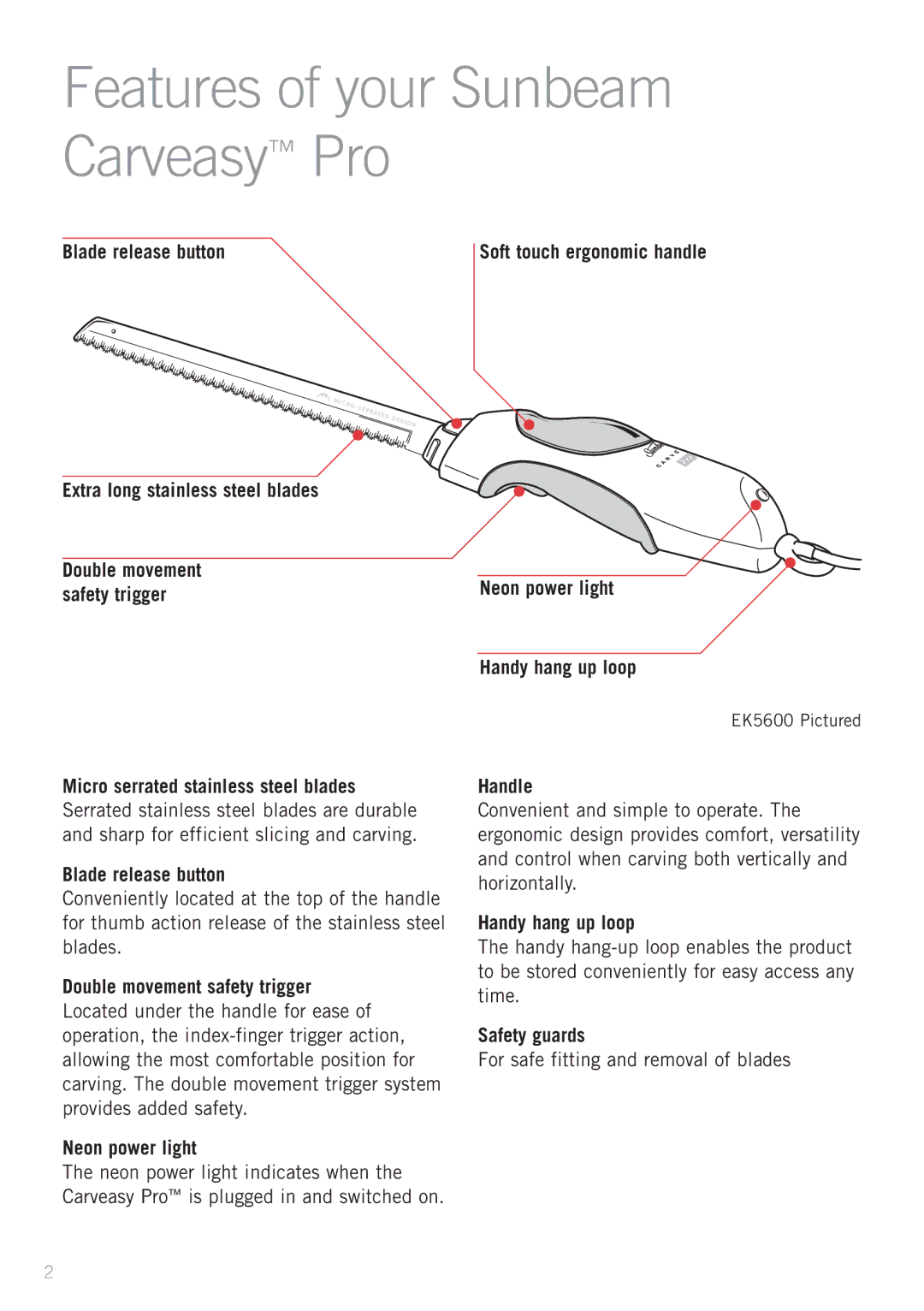 Sunbeam EK3800, EK5600 manual Features of your Sunbeam Carveasy Pro 
