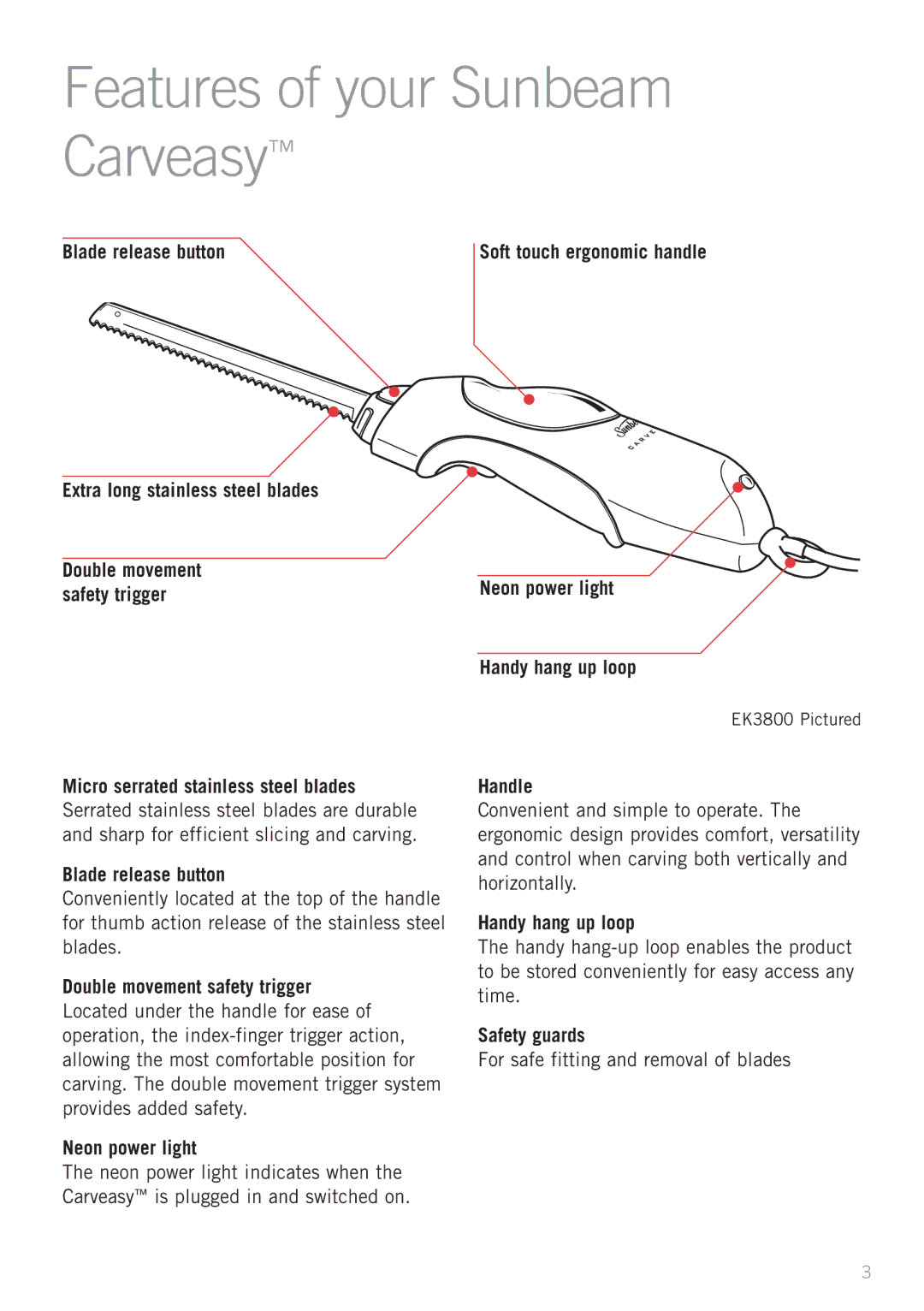 Sunbeam EK5600, EK3800 manual Features of your Sunbeam Carveasy 