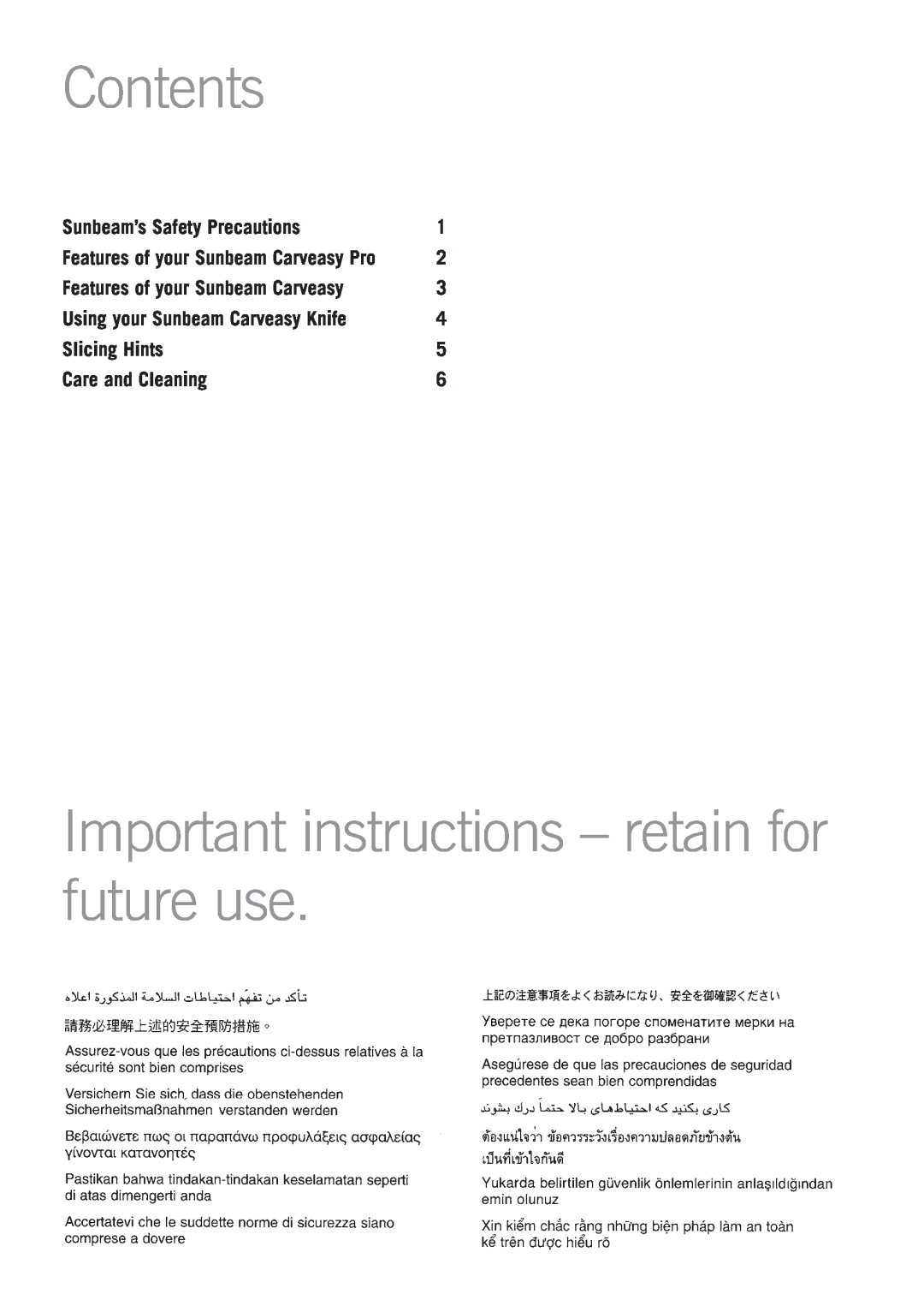 Sunbeam EK3800 manual Contents, Important instructions - retain for future use, Sunbeam’s Safety Precautions, Slicing Hints 