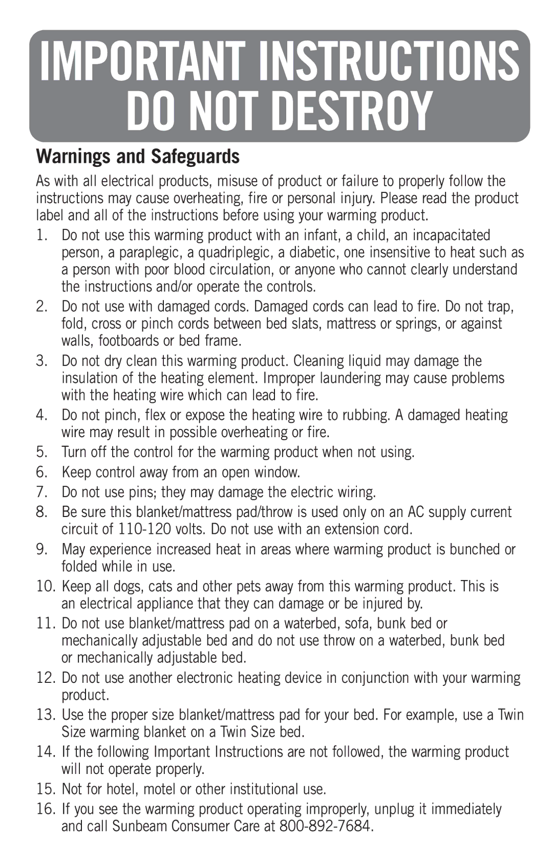 Sunbeam Electric Heater manual Do not Destroy 