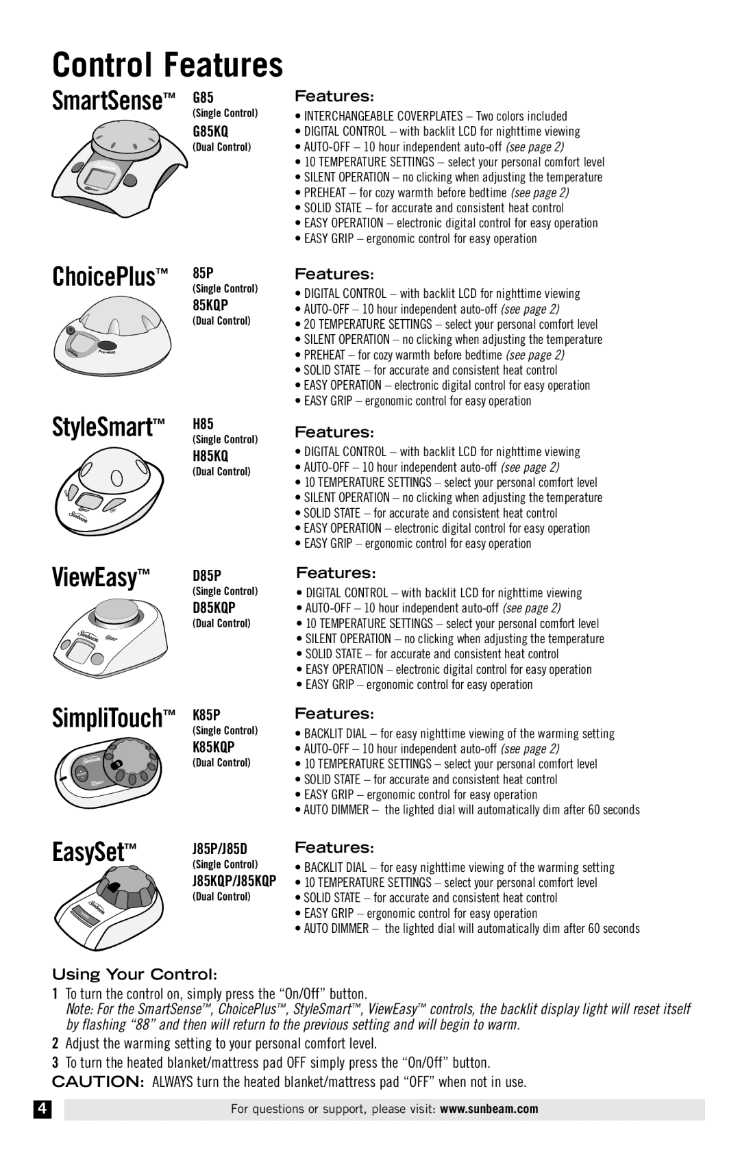 Sunbeam Electric Heater manual H85, D85P, J85P/J85D Features, Using Your Control 