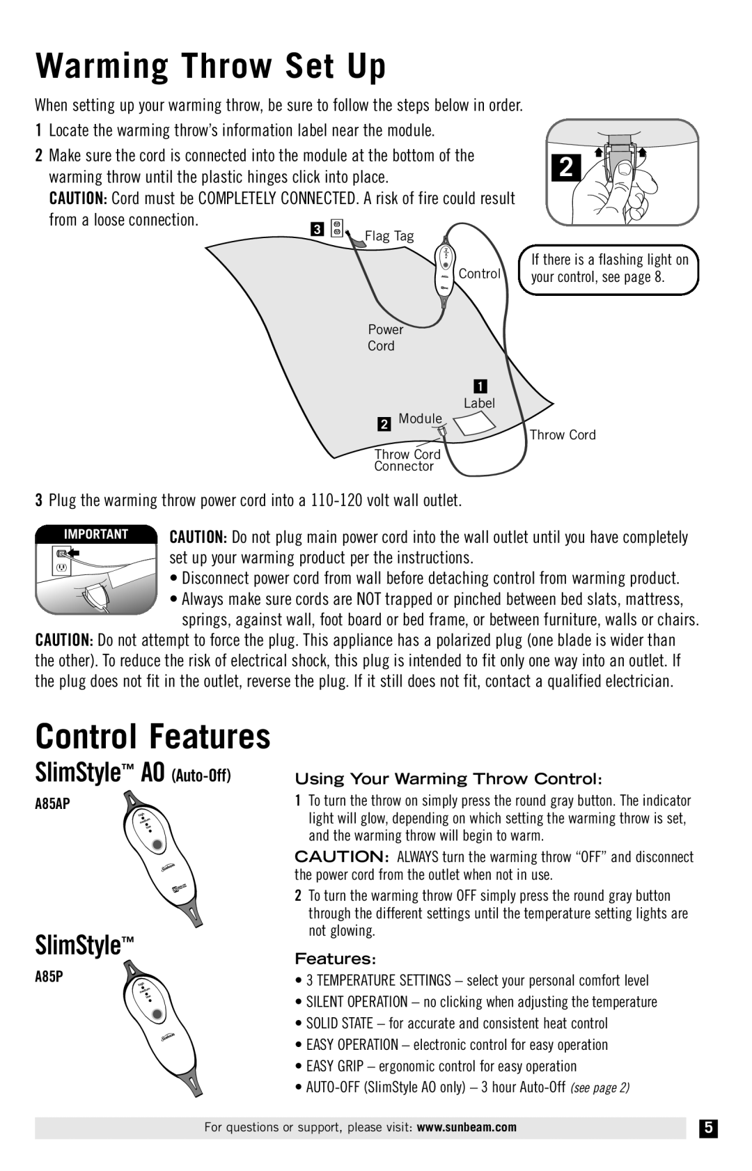 Sunbeam Electric Heater manual Warming Throw Set Up, Control Features, A85P Using Your Warming Throw Control 