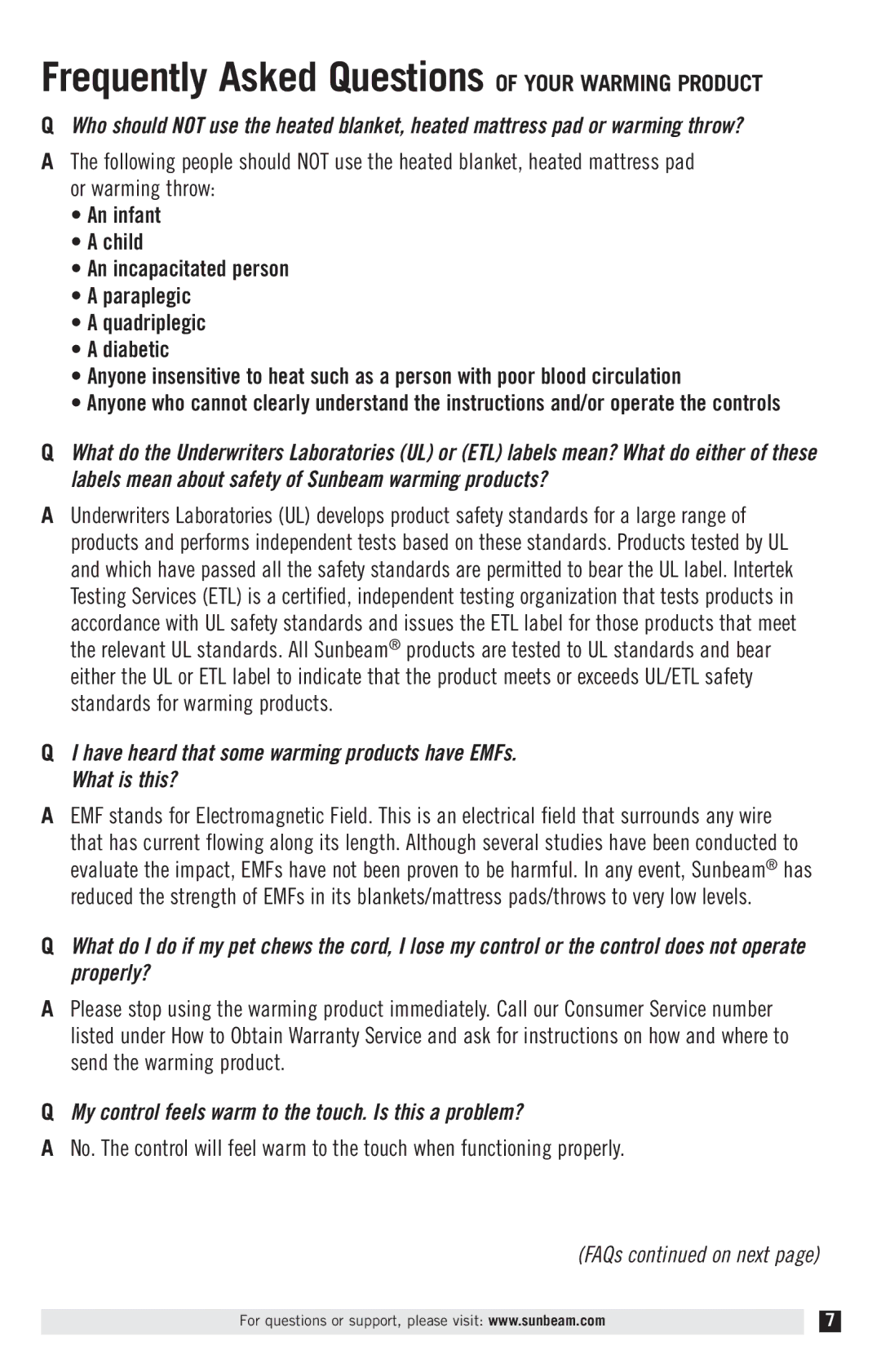 Sunbeam Electric Heater manual Frequently Asked Questions of Your Warming Product 