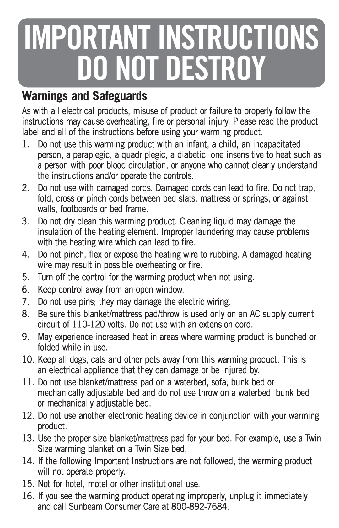 Sunbeam Electric Heater manual Warnings and Safeguards, Do Not Destroy, Important Instructions 