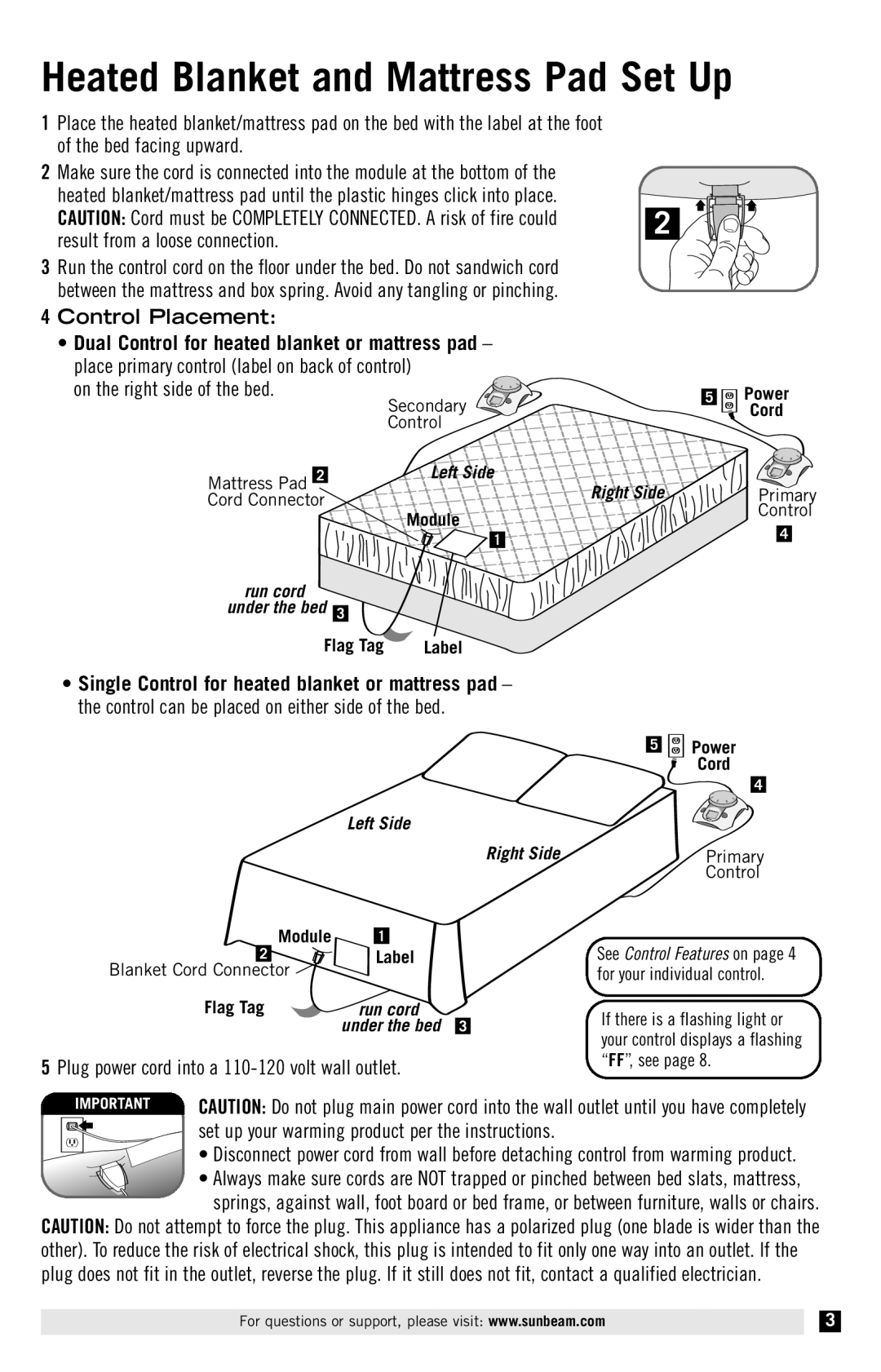 Sunbeam Electric Heater manual Heated Blanket and Mattress Pad Set Up, result from a loose connection, 4Control Placement 