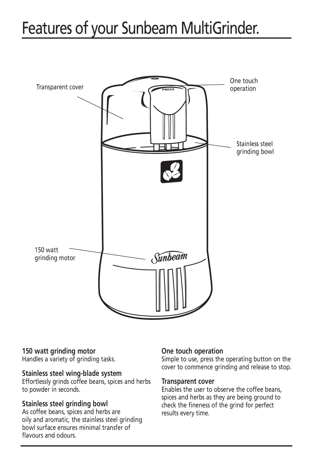 Sunbeam EM0400 manual Features of your Sunbeam MultiGrinder, Stainless steel grinding bowl 