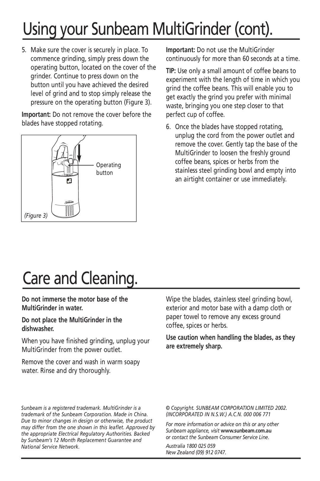 Sunbeam EM0400 manual Care and Cleaning, Using your Sunbeam MultiGrinder 