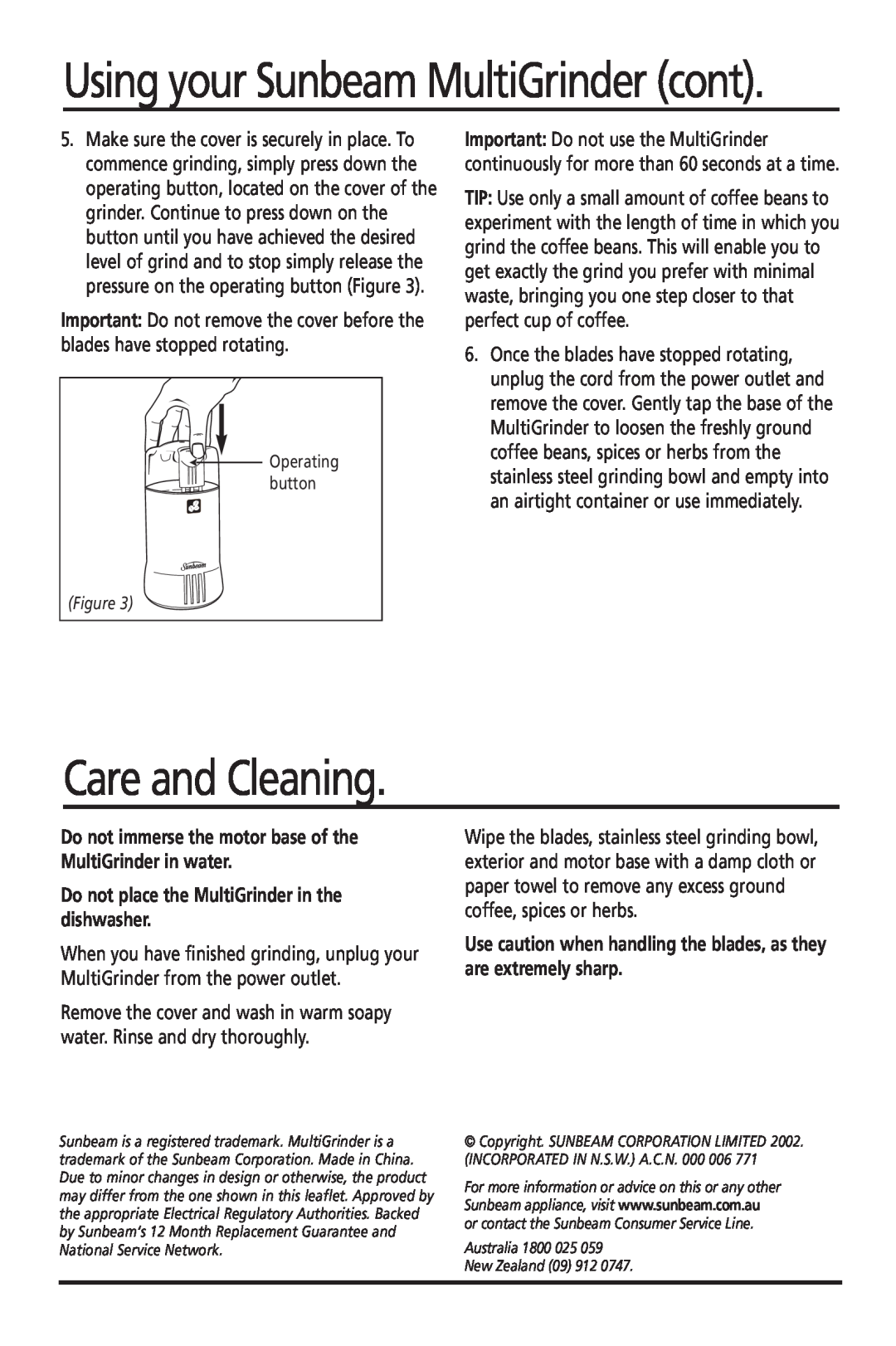 Sunbeam EM0400 manual Care and Cleaning, Using your Sunbeam MultiGrinder cont 