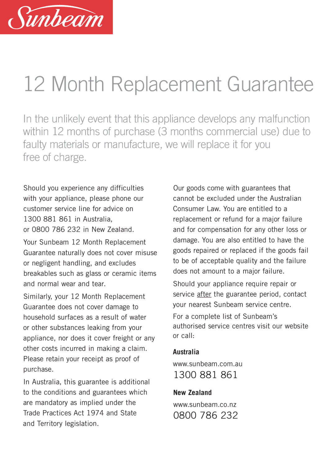 Sunbeam EM0405 manual Month Replacement Guarantee, Free of charge 