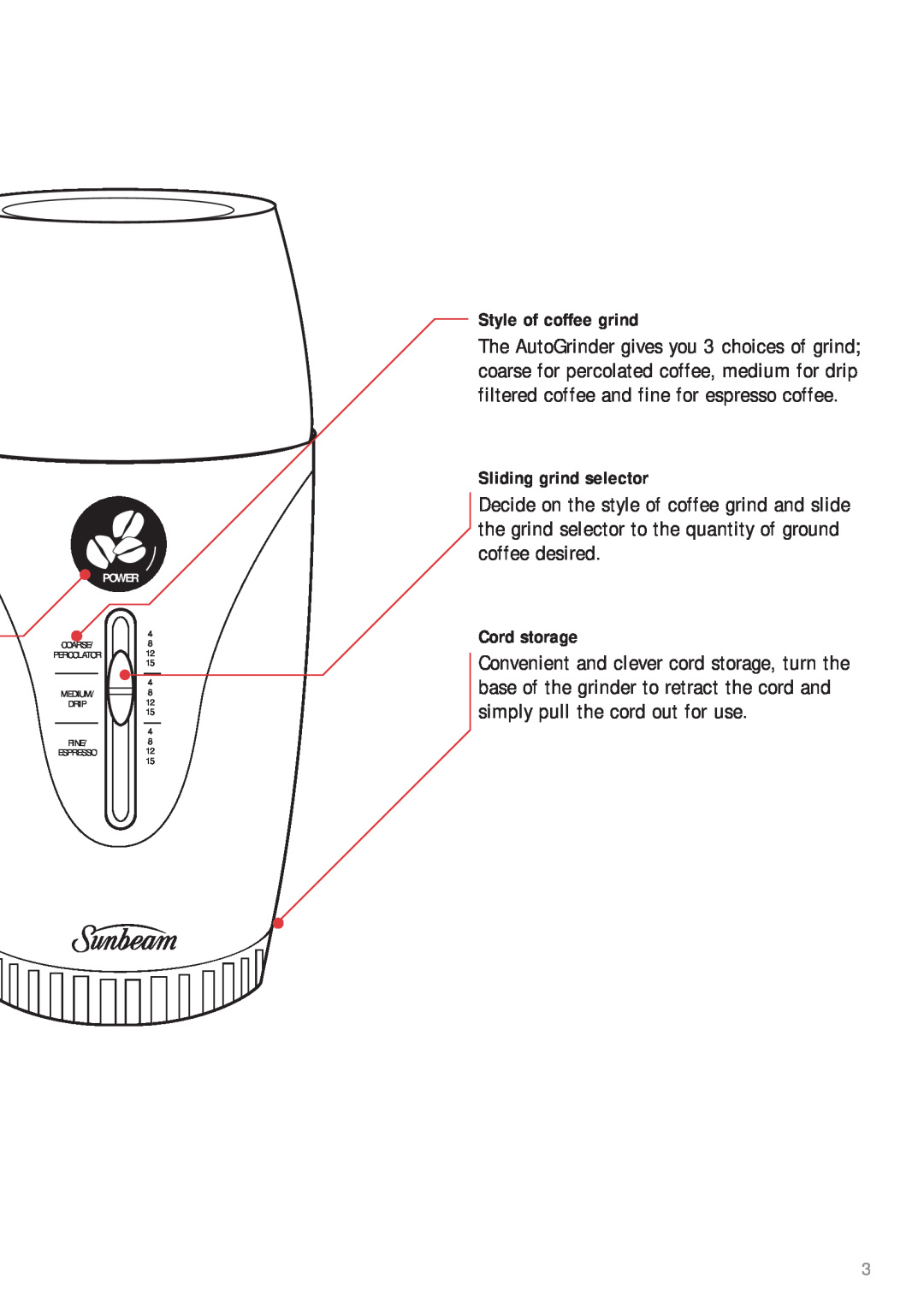 Sunbeam EM0410 manual Style of coffee grind, Sliding grind selector, Cord storage, Power 