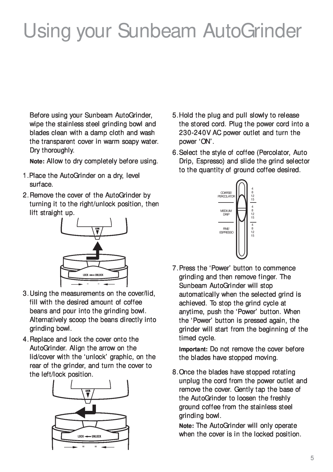 Sunbeam EM0410 manual Using your Sunbeam AutoGrinder 