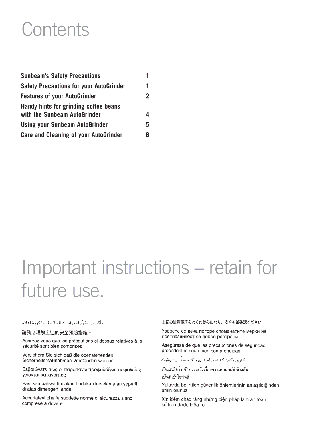 Sunbeam EM0415 manual Contents, Important instructions retain for future use 