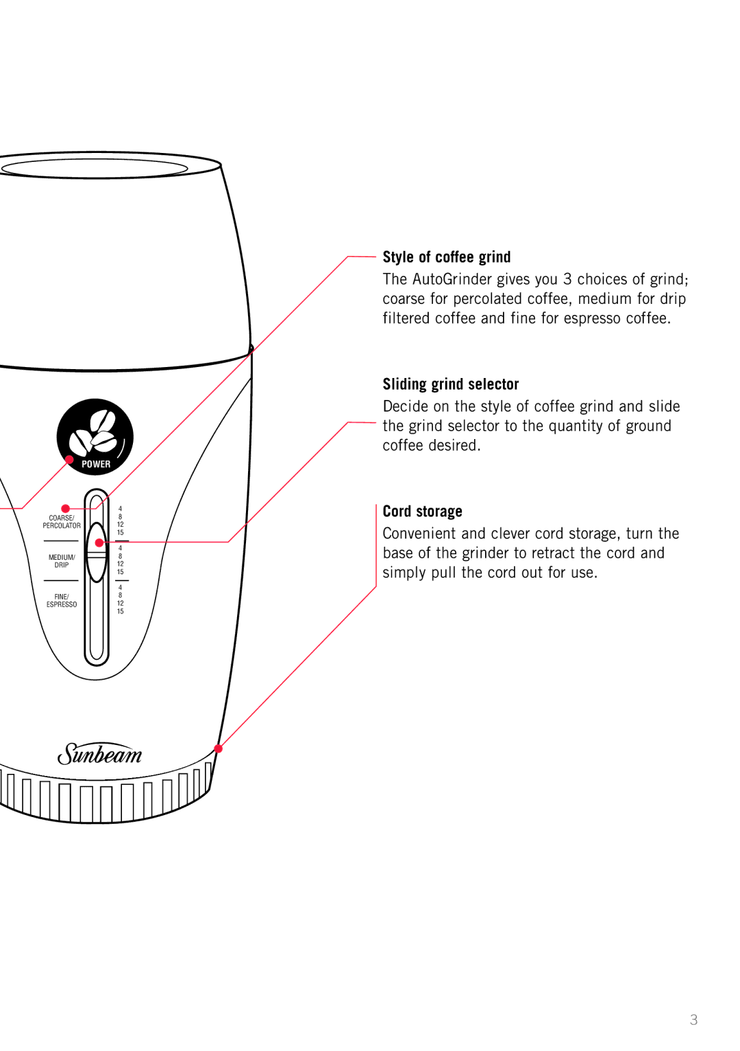 Sunbeam EM0415 manual Style of coffee grind 