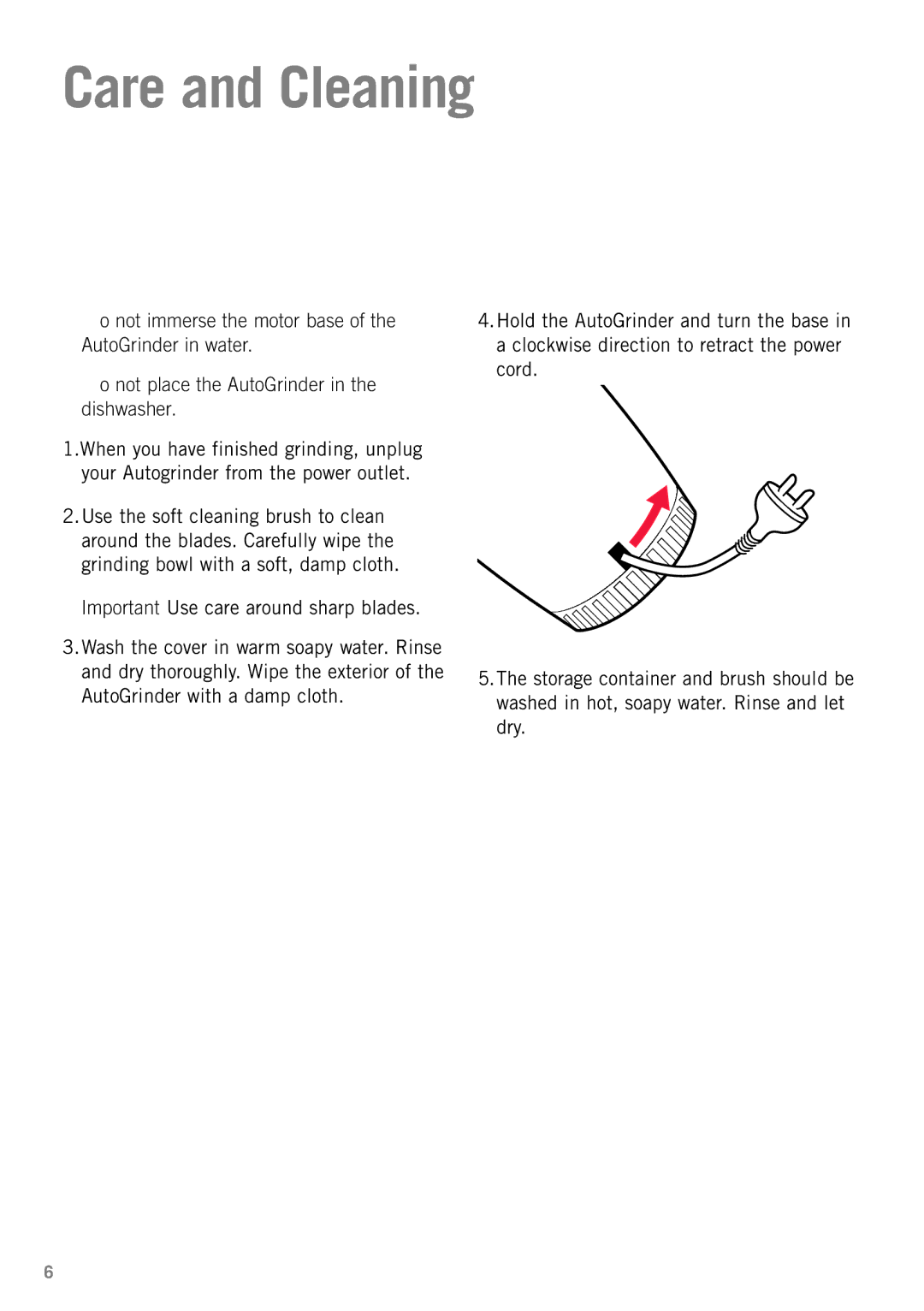 Sunbeam EM0415 manual Care and Cleaning, Important Use care around sharp blades 