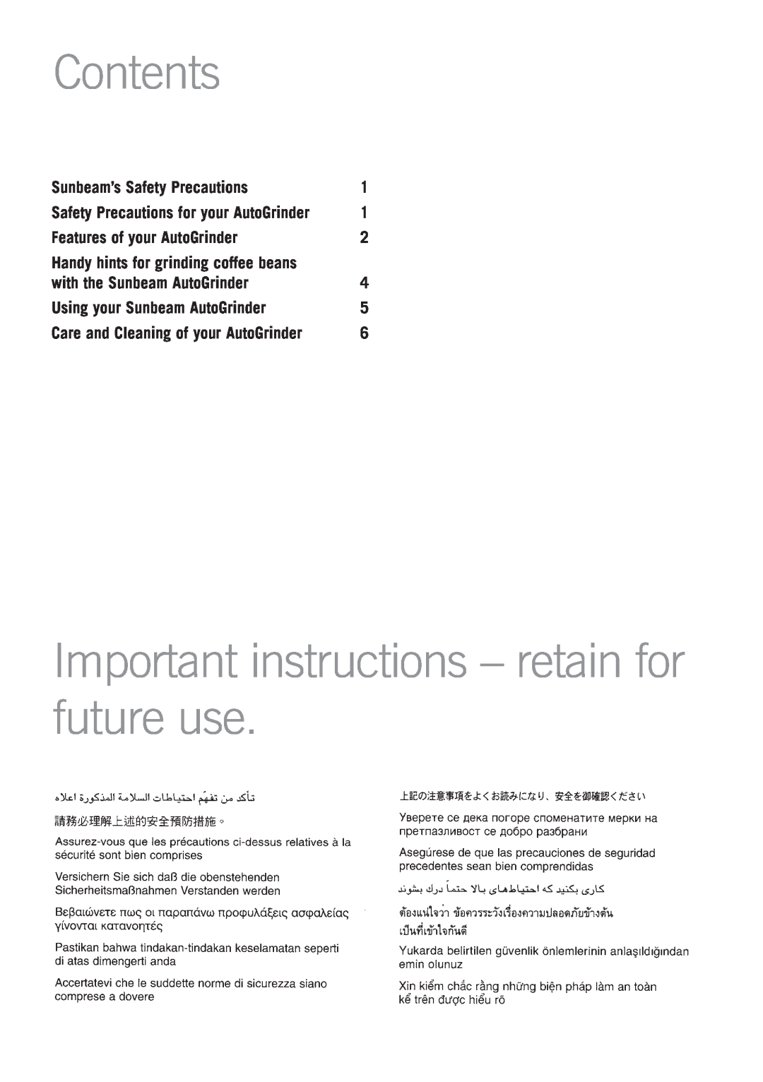 Sunbeam EM0415 manual Contents, Important instructions - retain for future use, Sunbeam’s Safety Precautions 