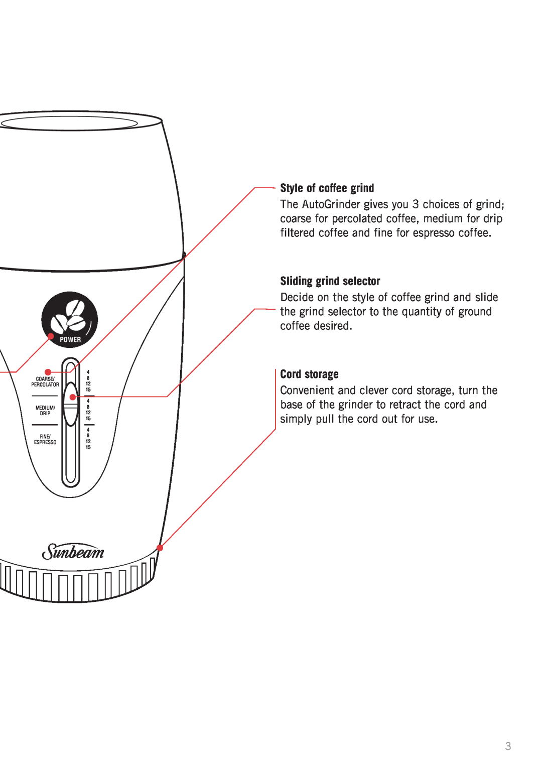 Sunbeam EM0415 manual Style of coffee grind, Sliding grind selector, Cord storage, Power 