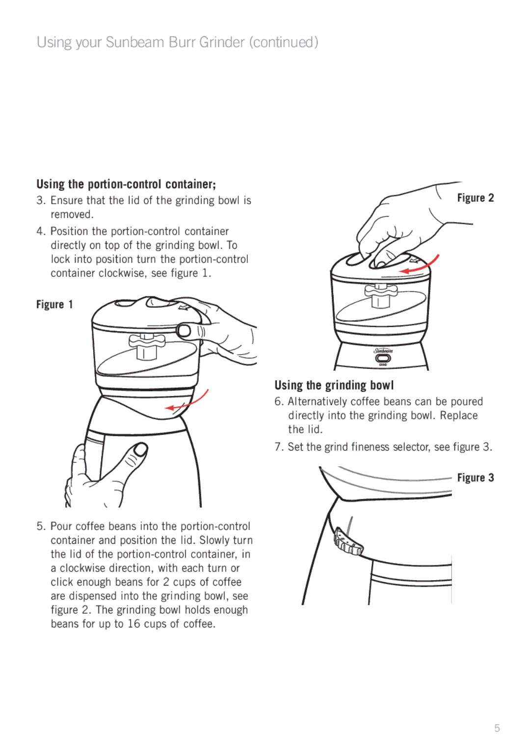 Sunbeam EM0430 manual Using the portion-control container, Using the grinding bowl 